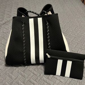 Black and White Neoprene Tote Bag with Coin Purse/Wristlet